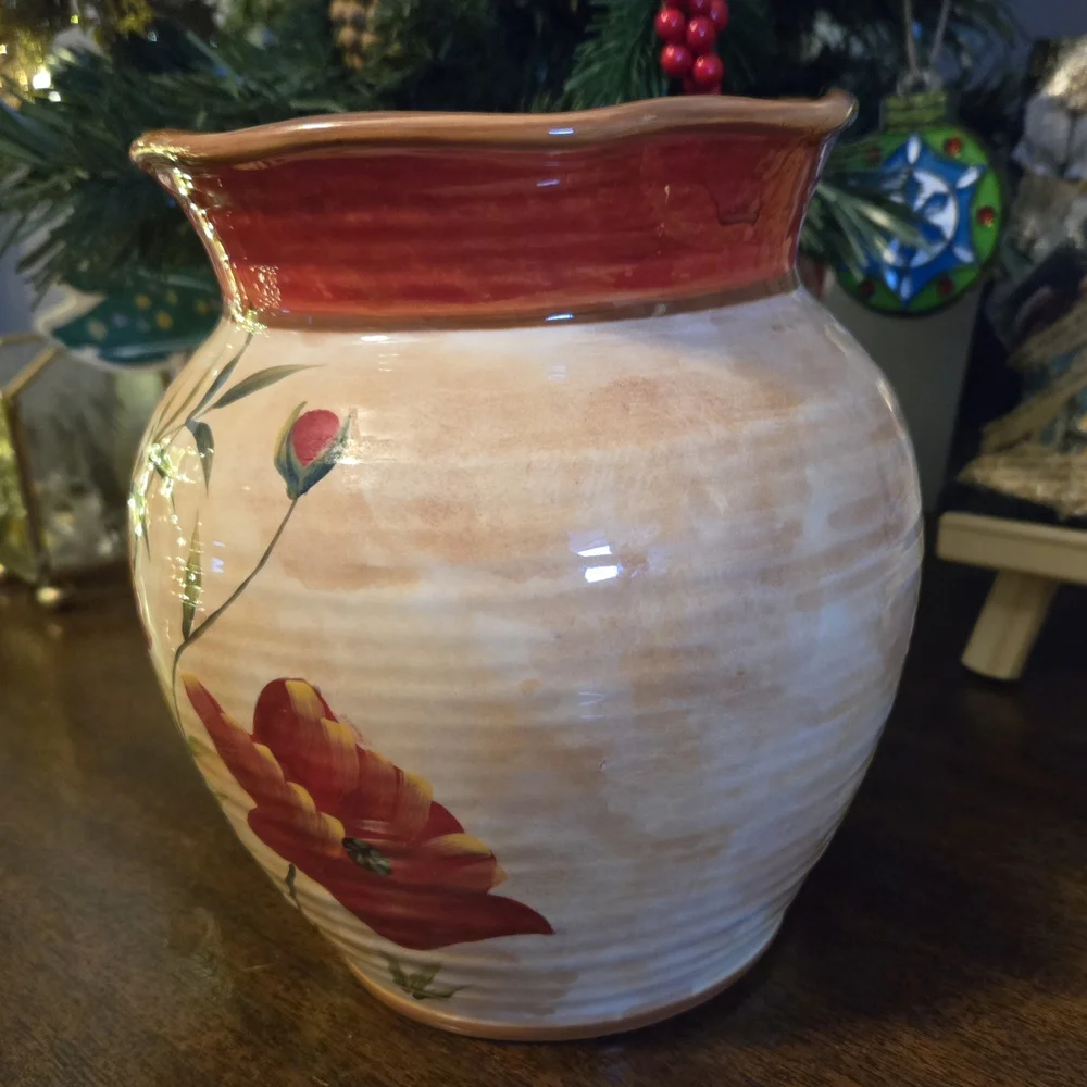 Pier 1 Imports Poppies Vase Hand-Painted Floral Earthenware 7”